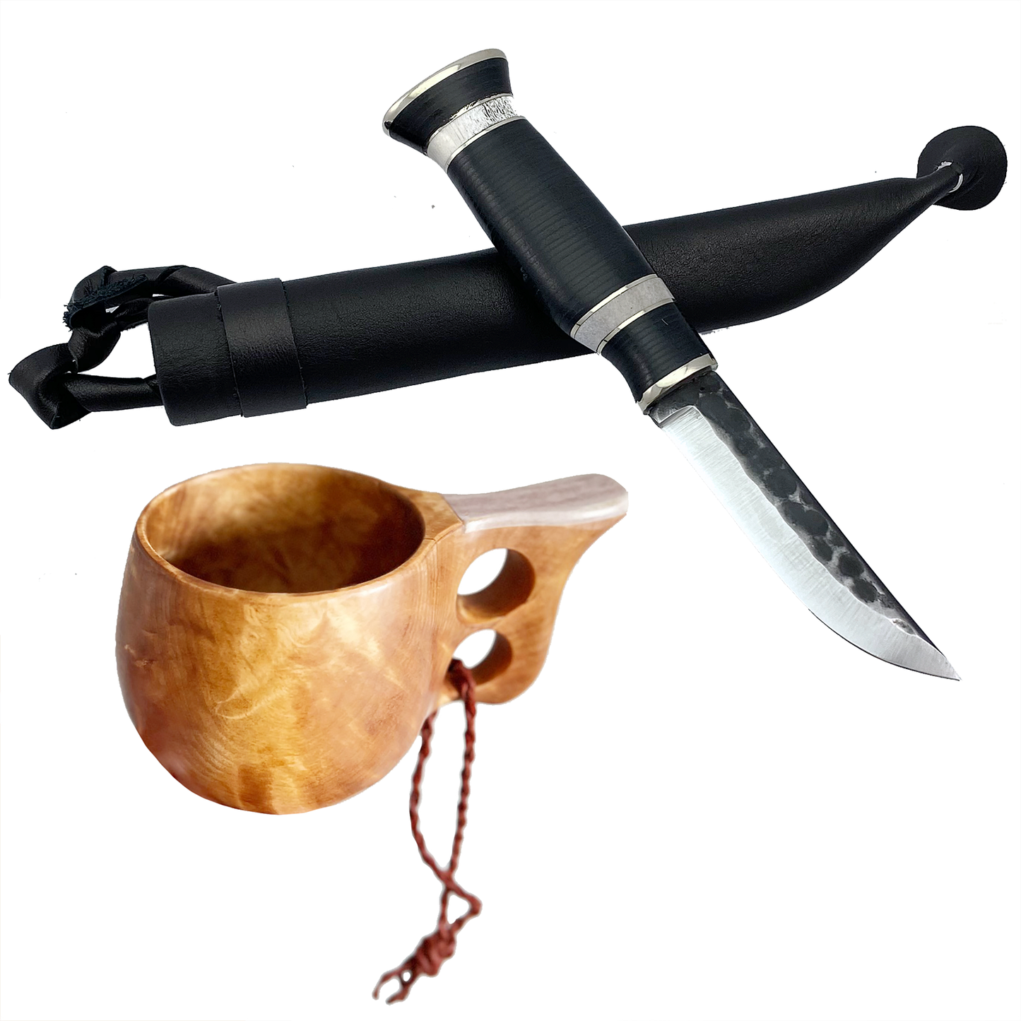 Set friluftsliv 2-hålskåsa m renhorn + Kniv 9,5 cm renhorn, läder & metall
