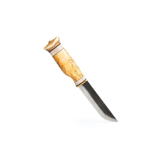 Kniv 13 cm skaft av masurbjörk och renhorn kolstålsblad