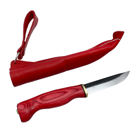Brukskniv med kolstålsblad och rött träskaft