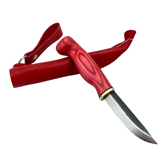 Kniv med skaft i röd trä och kolstålsblad