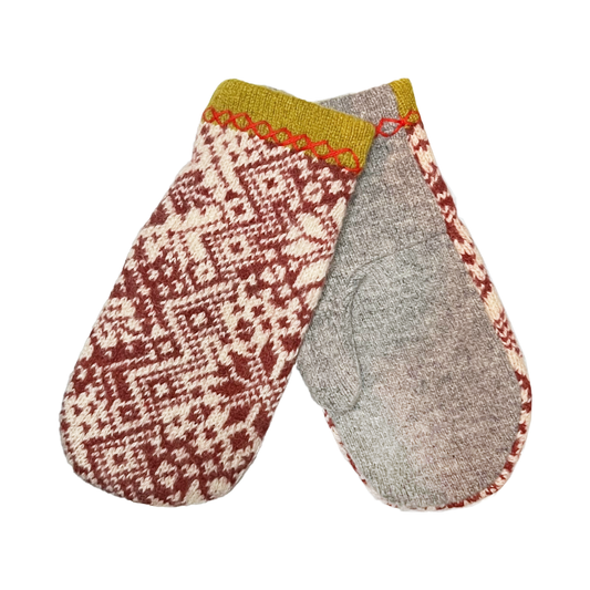 Stickade och filtade ullvantar Röd/vit