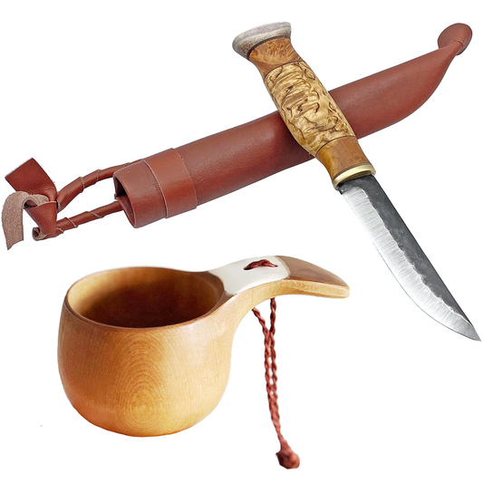 Set friluftsliv skaftkåsa med renhorn och Kniv masurbjörk videvril & renhorn