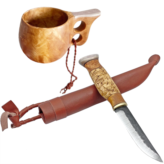 Set friluftsliv 2-hålskåsa med renhorn + Kniv masurbjörk videvril & renhorn