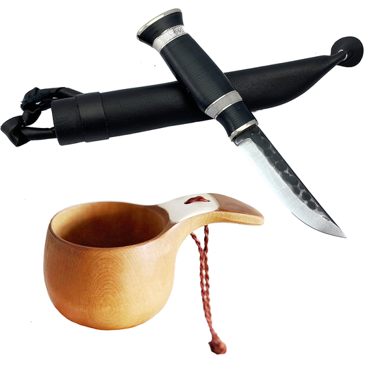 Set friluftsliv skaftkåsa m renhorn + Kniv 9,5 cm renhorn, läder & metall