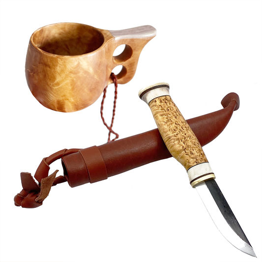 Set friluftsliv med tvåhålskåsa och Kniv masurbjörk kolstål