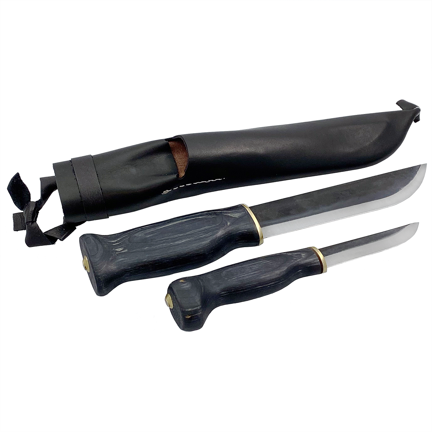 Dubbelkniv huggare 17 cm och brukskniv 7 cm skaft i svart trä matchande läder 