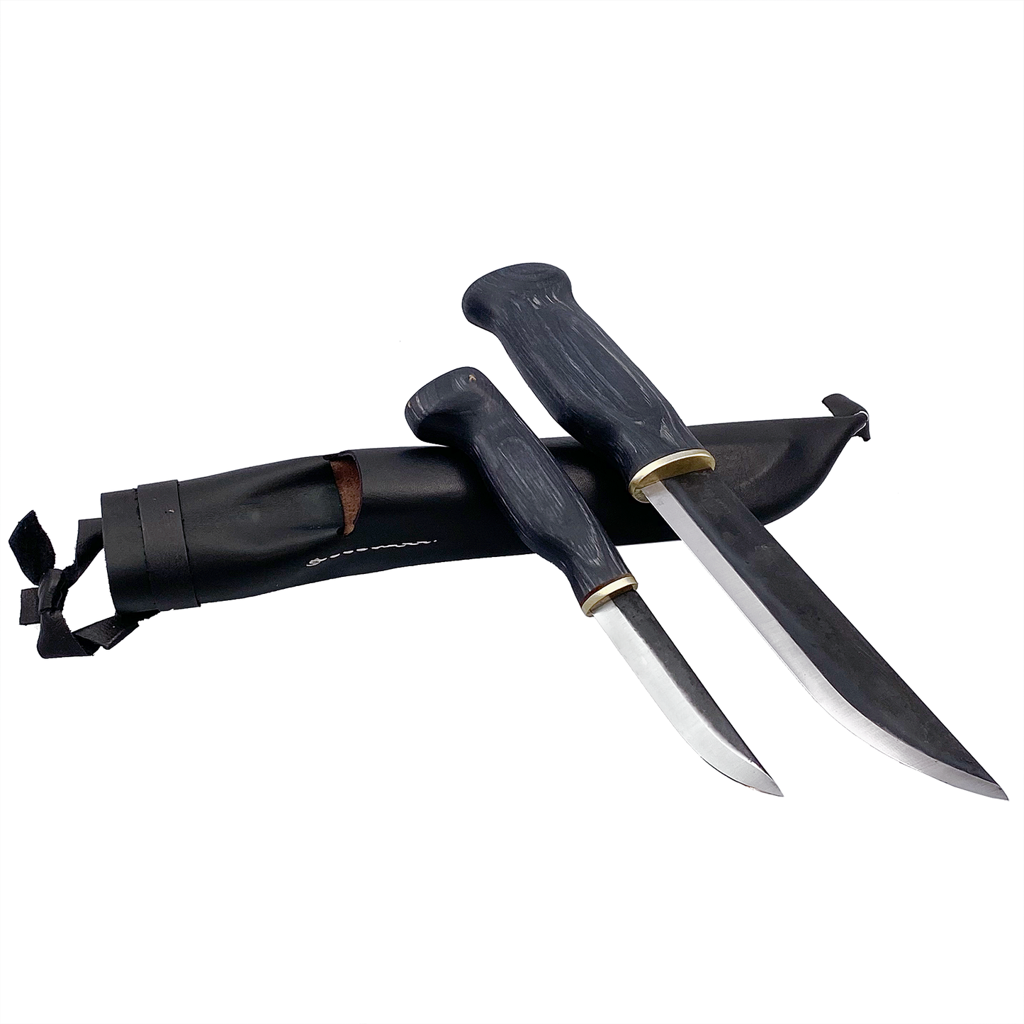 Dubbelkniv 17 cm huggare och 9,5 cm svart trä knivslida i svart läder