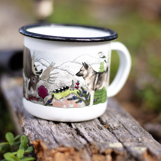 Emaljmugg med motiv av en gråhund tillsammans med en älg design Emma Jansson Eplaros