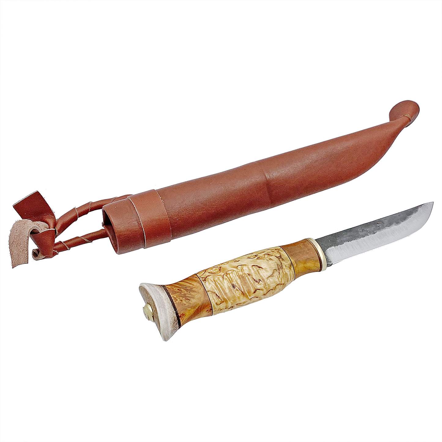 Exklusiv kniv 9-5cm långt kolstålsblad skaftet är av masurbjörk och videvril