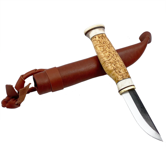 Brukskniv med 7,7cm kolstålsblad skaft i masurbjörk och renhorn