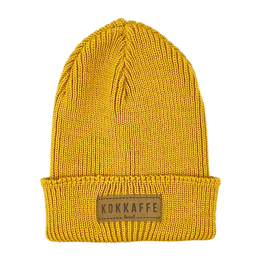 Lemmelkaffe beanie Glöden senapsgul ribbstickd mössa