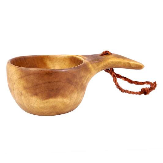 Träkåsa skaft av björkvril med skinnrem